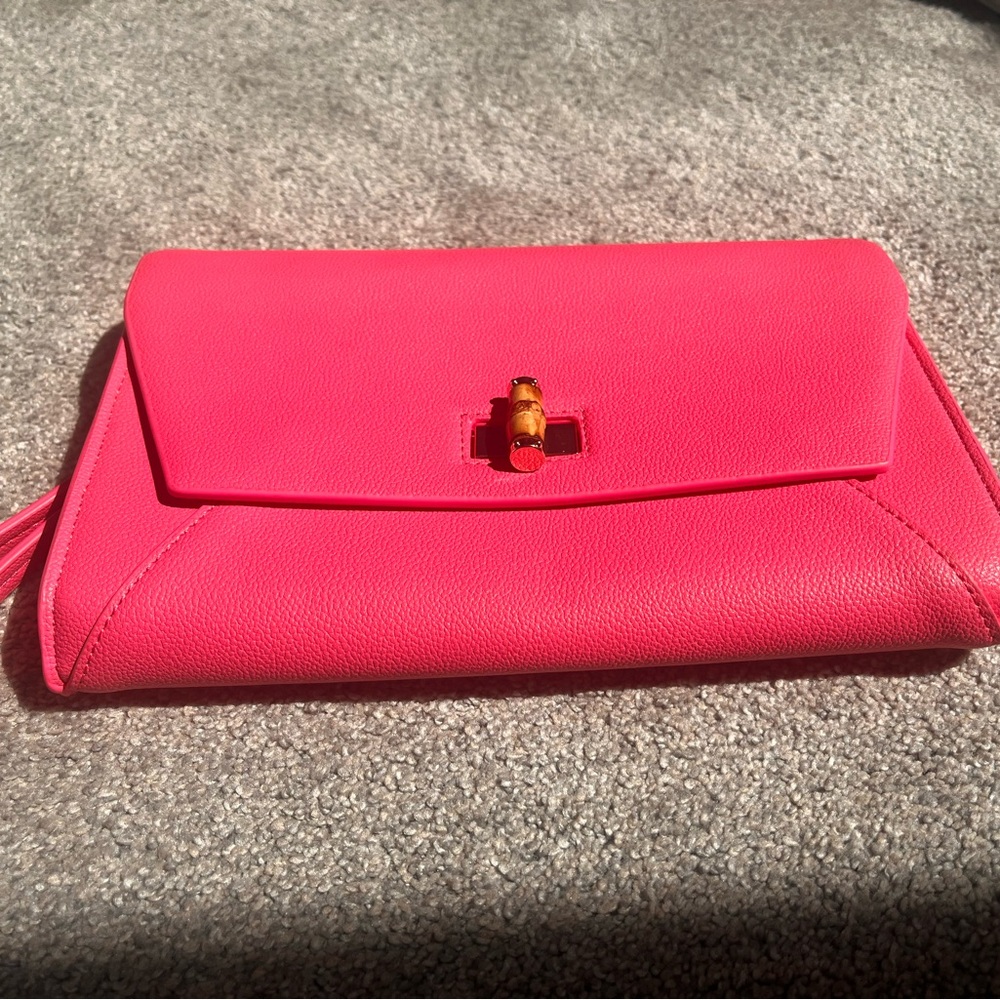 Lilly Pulitzer Hot Pink Pebbled Leather Wristlet Clutch with Gold-Tone Accent